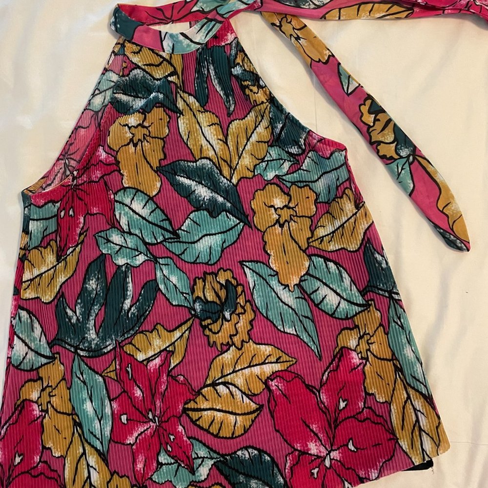 Maeve for Anthropologie Glocester pink pleated tie neck floral top